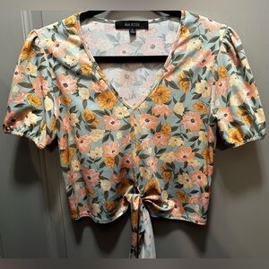 Ava Rose Size S Floral Puff Sleeve V-neck Crop Top with Tie EUC